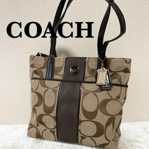 美品COACHコーチセミショルダーバッグトートバッグシグネチャー総柄ブラウン茶