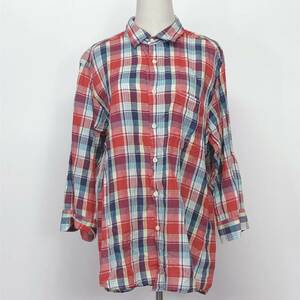 X664 UNIQLO（ユニクロ） メンズ トップス シャツ 七分袖 襟付き 胸ポケット 予備ボタン付薄手XLサイズ赤紺チェック柄綿・麻カジュアル春秋