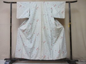 1円 中古 正絹 着物 紬 真綿 水色 吹き寄せ 小花 草花 高級 単衣 身丈144cm 裄62cm【夢職】★★★