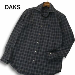 DAKS ダックス 秋冬 ロゴ刺繍★ ウール100％ 長袖 チェック ネル シャツ Sz.S　メンズ ネイビー 日本製　A4T12193_B#B