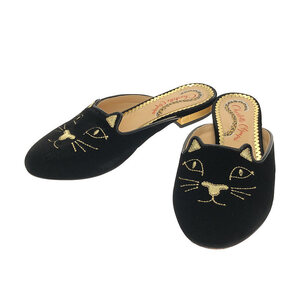 Charlotte Olympia / シャーロットオリンピア | Gold Velvet Kitty Flat Mules ミュール パンプス | 34 | Black | レディース