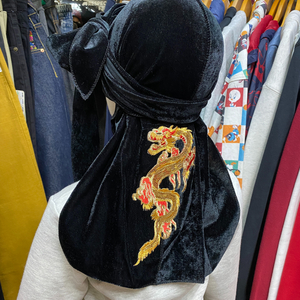 【新品/未使用】 高級ベロア素材 DU-RAG ドゥーラグ 黒 ドラゴン 龍 HIPHOPスタイル インナーキャップ ビーニー 刺繍 スパンコール 