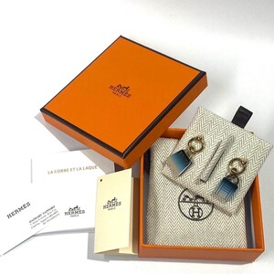 1537　HERMES エルメス　カデナ＆ケリー・モチーフ ピアス　バッファローホーン　ブルーグラデーション　 BOX