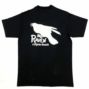 80s【RAVEN Virginia Beach】ポケット Tシャツ L USA製 裾袖シングル ブラック バージニア州ビーチ/レイブン カラス鴉ロゴ アメリカ製 黒