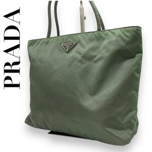 良品 PRADA プラダ　o ハンドバッグ　ナイロン　三角ロゴ　カーキ　緑