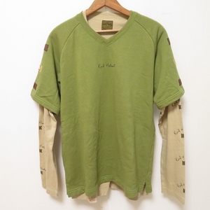 #anc カールヘルム KarlHelmut カットソー Tシャツ ロンT L 黄緑系 ベージュ 重ね着 ロゴ ワッペン メンズ [906376]