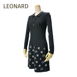 美品☆LEONARD☆レオナール ロゴニット切り替えワンピース ブラック黒 サイズ40