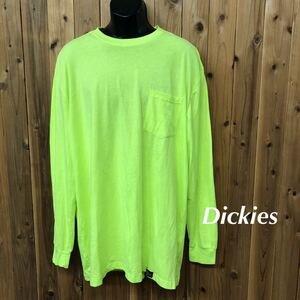 Dickies◇USA古着 長袖Tシャツ ワークシャツ トップス 蛍光カラー グリーン 胸ポケットTシャツ ロンT 無地 大きいサイズ メンズ2TL