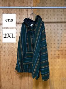 古着 MELINAメキシカン パーカー バハ フーディ ラグ プルオーバー Mexican Baja Hoodie Parka メキシコ 製 オリーブ ストライプ 2XL