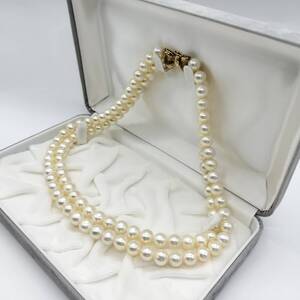 【テリ抜群!!】本真珠 2連 パール ネックレス 7.5mm〜8.5mm 44cm K14 刻印 79.6g pearl jewelry necklace 干渉色 大珠