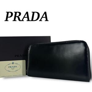 PRADA　プラダ　長財布　ロゴ型押し　ラウンドファスナー　黒　エナメルレザー　男女兼用　ロングウォレット　