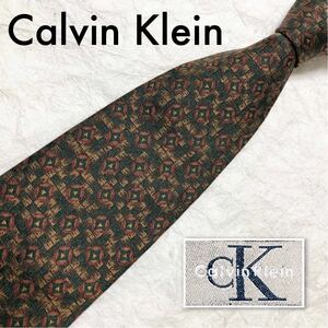 ■美品■Calvin Klein カルバンクライン　ネクタイ　サークル　スクエア　総柄　シルク100% 日本製