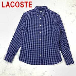 A532 ラコステ 長袖シャツ ブラウス 綿 チェック ワンポイント 紺 LACOSTE コットン ボタンダウン ネイビー 38