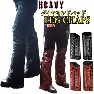 送料無料【HEAVY】ダイヤモンドパッドレッグチャップス 本革 レザーハーフチャップス 膝下LEG CHAPS 赤M /防寒 防風 男女兼用チャップス