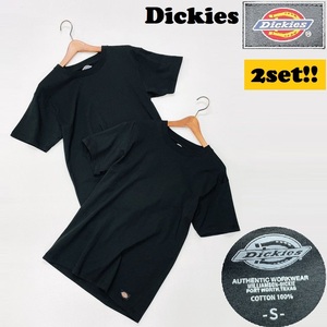 2セット /S/ Dickies ブラック 半袖Tシャツ アウトドア キャンプ スポーツ野球 ホワイトロゴ ワッペン コットン生地 ディッキーズ