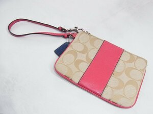 コーチ COACH ポーチ シグネチャー キャンバス レザー ピンク 良品