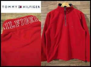 送無 G② 希少 TOMMY HILFIGER トミーヒルフィガー ロゴ 刺繍入 ハイネック ハーフジップ プルオーバー フリース ジャケット トップス 赤 M