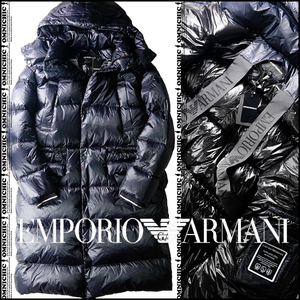 LEON記載/高級感溢れるマットナイロン■新品104,500円【EMPORIO ARMANI】贅沢ネイビーロングダウンコートジャケット52エンポリオアルマーニ