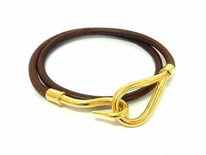 1円 HERMES エルメス ジャンボ レザー ゴールド金具 2連ブレスレット ネックレス チョーカー アクセサリー ブラウン系×ゴールド系 FD6355