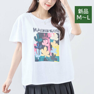 新品☆ Tシャツ レディース カットソー M~L カラフルプリント 半袖 コットン かわいい 夏/ホワイト 白/12403261