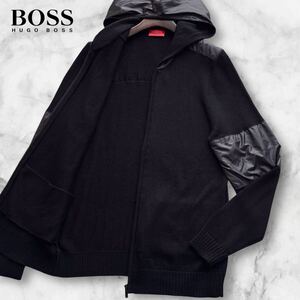 極美品/XLサイズ◎ヒューゴボス HUGO BOSS ナイロン切替 ニット ジップ パーカー フーデットジャケット ブルゾン 薄手 赤タグ ブラック 黒