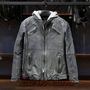 極美品☆レザージャケット メンズ ハレージャケット　フード付き　バイクジャケット　高級　柔らかい羊革　本革　革ジャン Ｍ～ＸＬ グレー