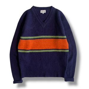 日本製★ Paul Smith ポールスミス ウール100% 長袖 Vネック ボーダー ニット セーター Lサイズ ネイビー Wool knit ヴィンテージ