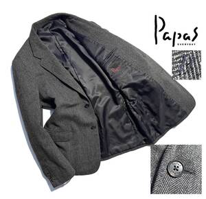 美品【定価8万】Papas パパス ツイード テーラードジャケット 48(M) L相当 ウール ヘリンボーン【Pロゴ刺繍】保温性抜群 秋冬 日本製