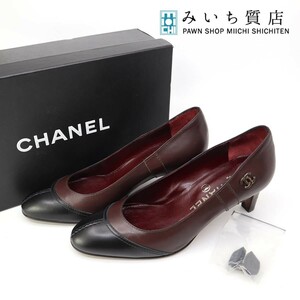 質屋 シャネル パンプス ブラウン ブラック 34 1/2 21.5cm CHANEL ヒール 6cm 靴 替えゴム付 みいち質店