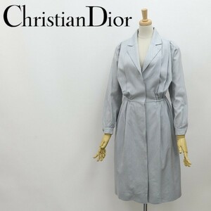 ヴィンテージ◆Christian Dior クリスチャン ディオール ストライプ柄 タック ブラウジング ワンピース グレー×ホワイト 9