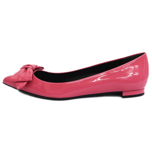 【名東】グッチ フラットパンプス ピンク サイズ37 リボン エナメル レディースシューズ 女 靴