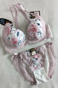 お泊まりに☆D70ブラ&パンティ上下お揃い☆きれい水彩ボタニカル柄☆ホワイト×ピンクレース☆