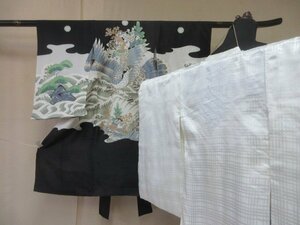 1円 良品 正絹 子供着物 男児用 産着 襦袢セット 七五三 和服 黒 鷹 宝尽くし おしゃれ カッコいい 袷 身丈98cm【夢職】★★★