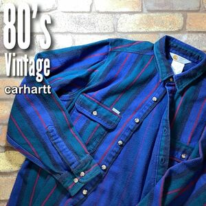 ★80′s vintage★正規品★【carhartt カーハート】CRAFTED WITH PRIDE ヘビーネル マルチストライプ ワークシャツ【海外 L】青 緑 K3-263