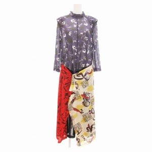 トーガ プルラ TOGA PULLA 美品 19AW Print mix dress ワンピース マキシ ロング 七分袖 総柄 肩パッド 36 S マルチカラー TP92-FH232