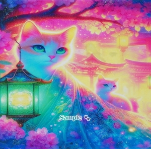 【A4】ネコ日本帝国 56 神社亜麻色猫 手描き&CG 絵画イラストオリジナル原画 Cat Empire Shrine flaxen cat Hand drawn original art