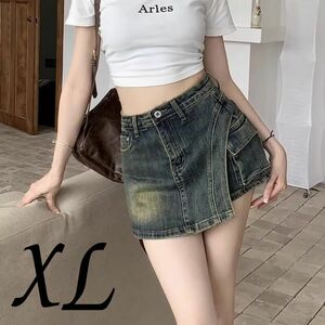 〈XL〉 ミニスカート デニム ショートパンツ ブルー ミニ丈 ショーパン ハイウエスト 韓国 セクシー 台形 マイクロミニ