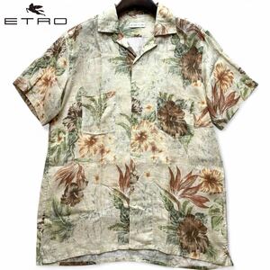 極美品◆幻の高級リネン100%◆エトロ ETRO 花柄 フラワー ボタニカル 半袖 アロハシャツ 開襟 オープンカラー 麻 イタリア製 ベージュ系