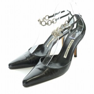 マノロブラニク MANOLO BLAHNIK パンプス アンクルストラップ アーモンドトゥ ハイヒール レザー ビジュー 装飾 36.5 23.5cm 黒 ■OF