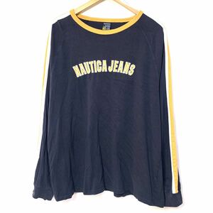 ■NAUTICA ノーティカ ジーンズ 袖ライン ラグランスリーブ 長袖Tシャツ ロンT カットソー 古着 アメカジ スポーツ ネイビー サイズXL■