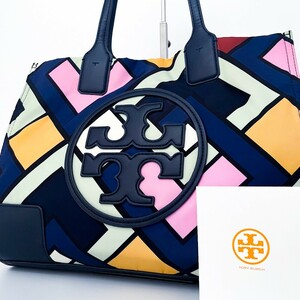 超美品■Tory Burch トリーバーチ キャンバス エラ ロゴドン トートバッグ ビジネス 大容量 A4可 レディース メンズ レザー マルチカラー