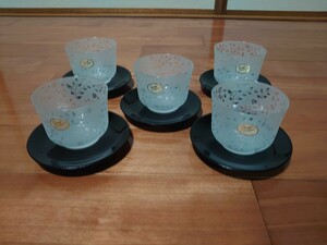 アデリアグラス　ADERIA GLASS　石塚硝子　冷茶セット　冷茶コップ５個　漆器茶托５個