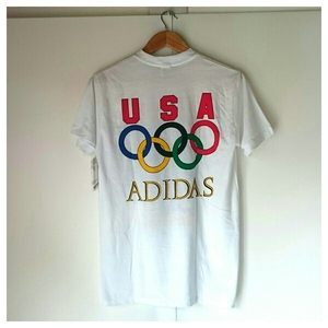 ☆希少! 80sビンテージ adidas オリンピック 五輪 両面プリントTシャツ 新品タグ付き サイズM 白