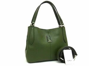 1円 ■美品■ FURLA フルラ レザー 2WAY トートバッグ ショルダーバッグ ハンドバッグ 肩掛けかばん レディース グリーン系 AY5802