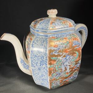 中国美術　ティーポット大　天女　羽衣　青花　金彩　茶器 水注 水次 古染付　色絵　888