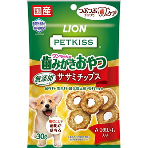 （まとめ買い）PETKISS ペットキス ワンちゃんの歯みがきおやつ 無添加ササミチップス さつまいも入 30g〔×16〕