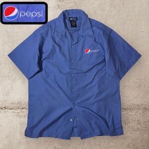 ★pepsi by ARAMARK★オフィシャルロゴ刺繍★半袖オープンワークシャツ sizeM ライトブルー系 スナップボタン スリット 古着 洗濯済み