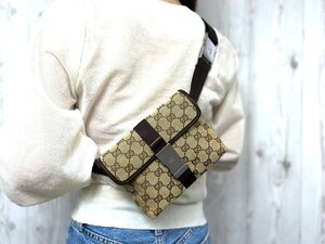 極美品 GUCCI グッチ GGキャンバス ボディバッグ ショルダーバッグ バッグ キャンバス×レザー 茶系 メンズ 71904