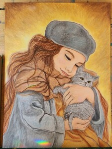 パステル画　人物画　猫　アート　原画　美人画