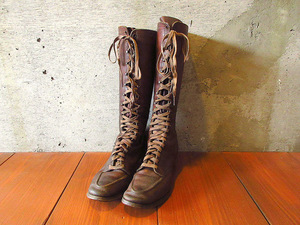 ビンテージ40’s●CHIPPEWAレザーレースアップロングブーツ茶実寸24cm●240430k7-w-bt-24cm 1940sチペワレディース